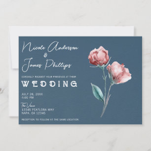 Convites Casamento Floral em Aquarela Moderna Cinza Azul Em