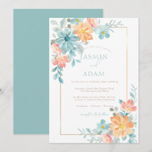 Convites Casamento Floral em Aquarela Moderna em Água e Pês