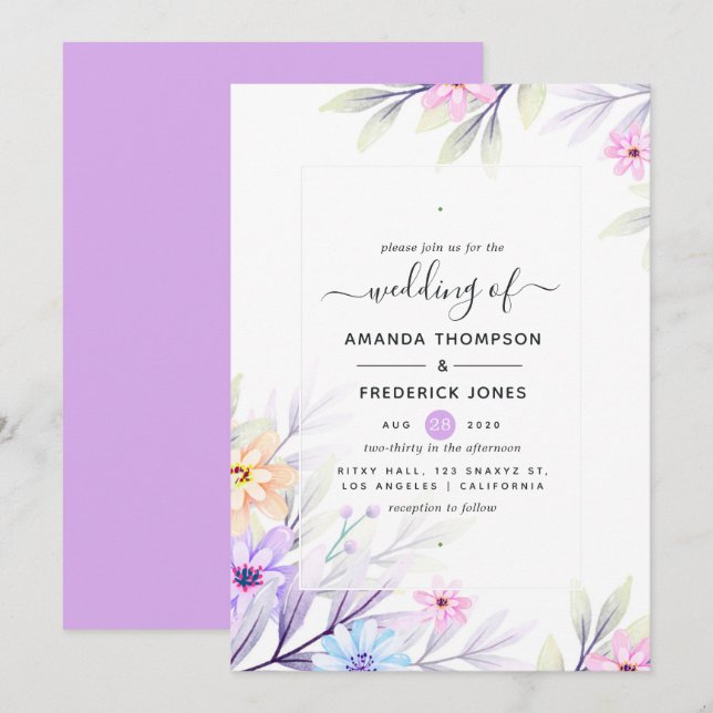 Convites Casamento Floral em Aquarela Pastel (Frente/Verso)