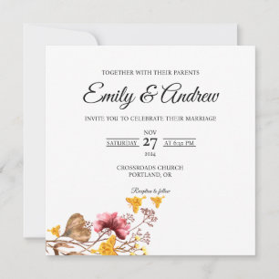 Convites Casamento Floral em Aquarela Quadrada de Borboleta