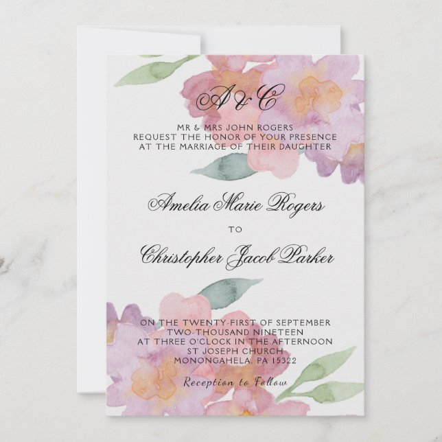 Convites Casamento Floral em Aquarela Romântica (Frente)