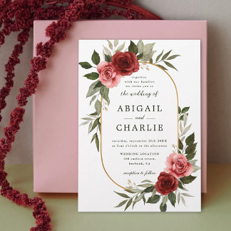 Convites Casamento Floral em Aquarela Romântica em Vermelho