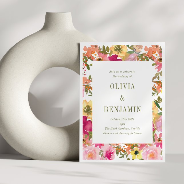 Convites Casamento Floral em Aquarela Rosa Amarelo Pêssego (Criador carregado)
