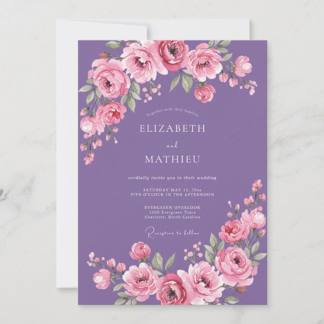 Convites Casamento Floral em Aquarela Rosa Ámbar (Frente)