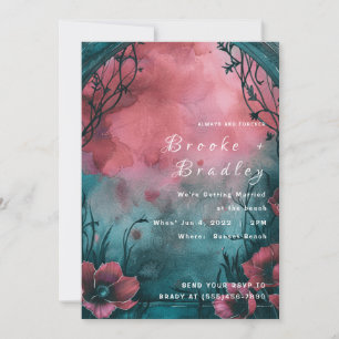 Convites Casamento Floral em Aquarela Rosa Azul Turquesa