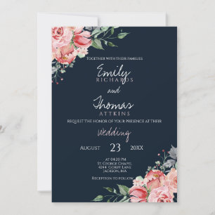 Convites Casamento Floral em Aquarela Rosa Bege Azul Marinh