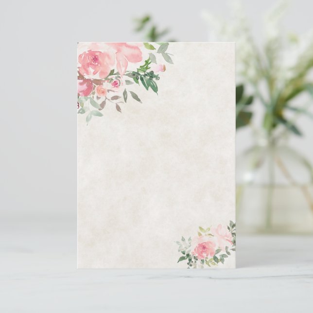 Convites Casamento floral em aquarela rosa Blush em branco  (Em pé/Frente)