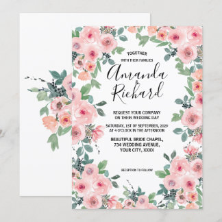 Convites Casamento Floral Em Aquarela Rosa Cor-de-Rosa Lind