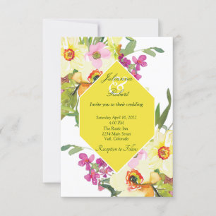 Convites Casamento floral em aquarela rosa e amarelo