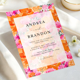 Convites Casamento Floral em Aquarela Rosa e Laranja Vibran