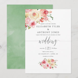 Convites Casamento Floral em Aquarela Rosa e Verde Sage