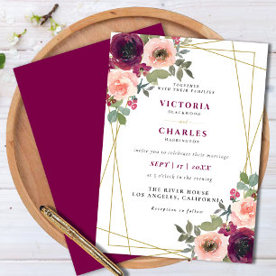 Convites Casamento Floral em Aquarela Rosa Elegante Rústico