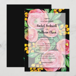 Convites Casamento Floral em Aquarela Rosa em Preto