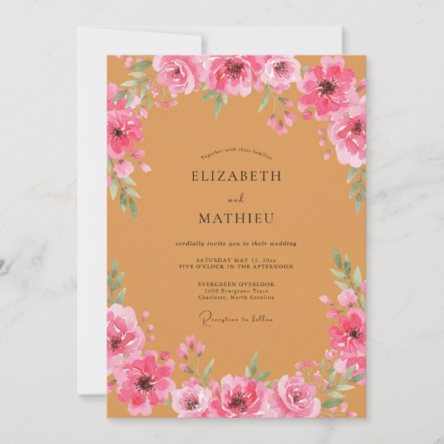 Convites Casamento Floral em Aquarela Rosa Ócre (Frente)