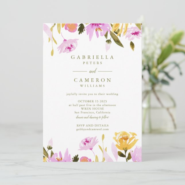 Convites Casamento Floral em Aquarela Rosa Oliva Moderna (Em pé/Frente)