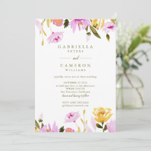 Convites Casamento Floral em Aquarela Rosa Oliva Moderna