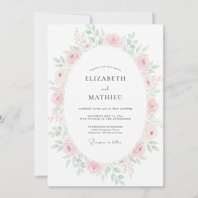 Convites Casamento Floral em Aquarela Rosa Pálido (Frente)
