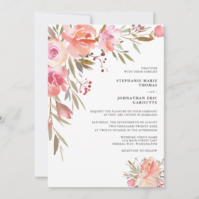 Convites Casamento Floral em Aquarela Rosa Pêssego Elegante (Frente)