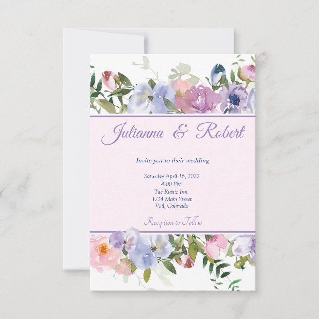 Convites Casamento floral em aquarela roxa e azul (Frente)
