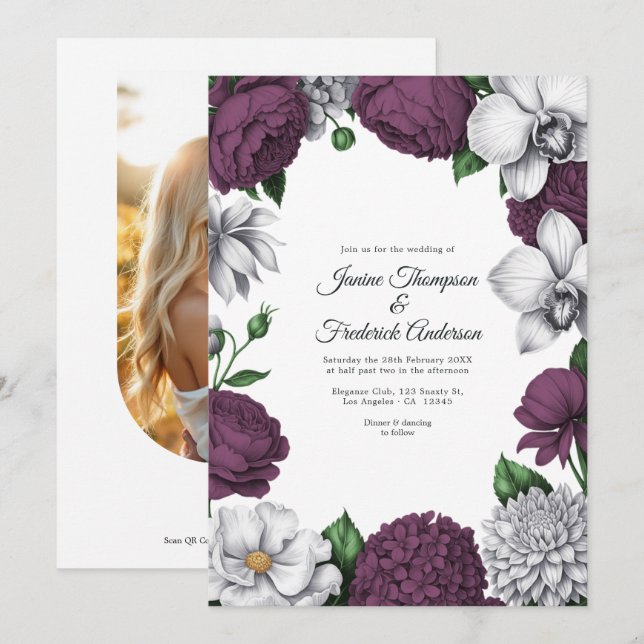 Convites Casamento Floral em Aquarela Roxa e Prata (Frente/Verso)