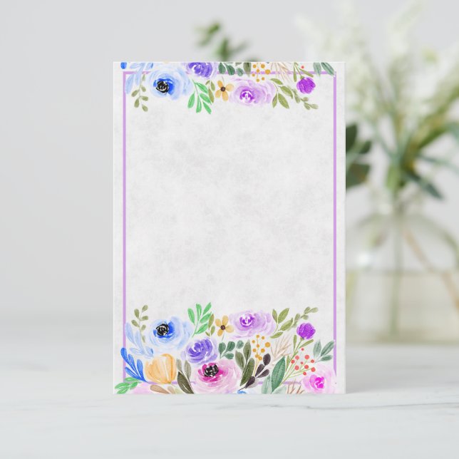 Convites Casamento floral em aquarela roxo e azul I (Em pé/Frente)