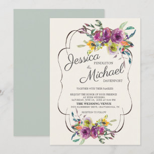 Convites Casamento Floral em Aquarela Roxo Elegante Amarelo