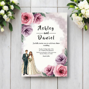 Convites Casamento Floral em Aquarela Roxo Elegante e Empol
