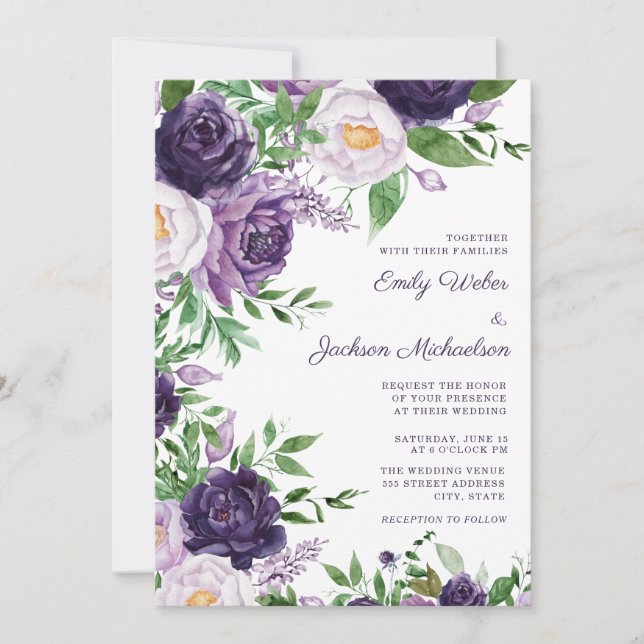 Convites Casamento Floral em Aquarela Roxo Lavanda (Frente)