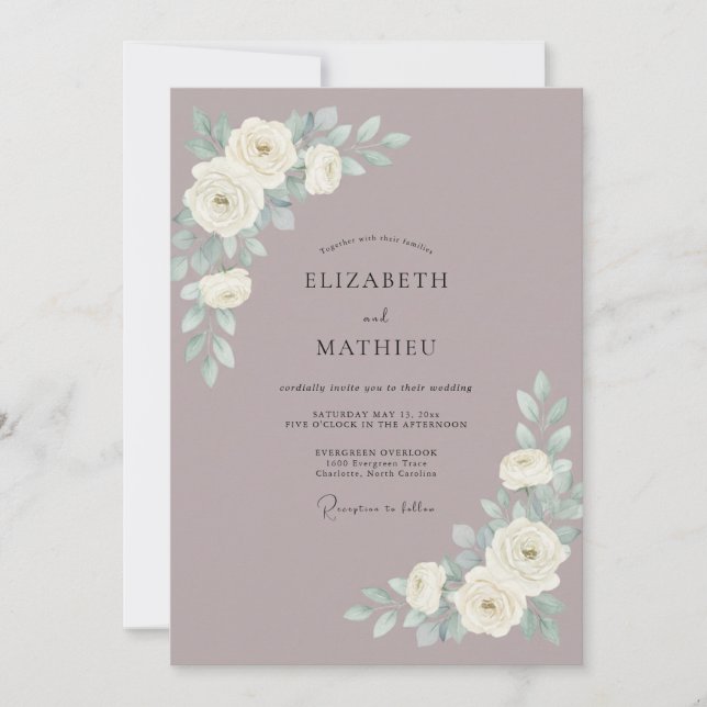 Convites Casamento Floral em Aquarela Roxo Suave (Frente)
