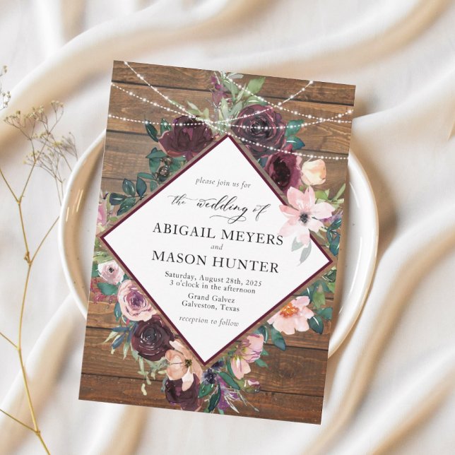 Convites Casamento Floral em Aquarela Rústica Borgonha (Criador carregado)