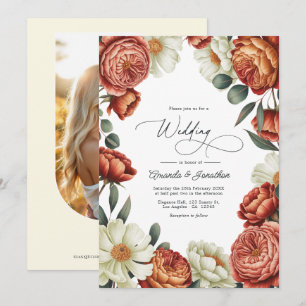 Convites Casamento Floral em Aquarela Terracota e Creme