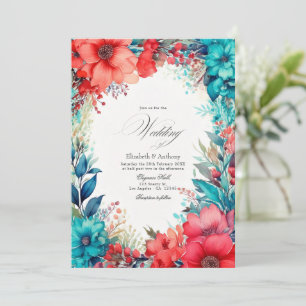 Convites Casamento Floral em Aquarela Turquesa e Coral