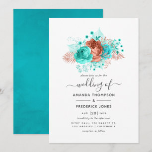Convites Casamento Floral em Aquarela Turquesa e Coral