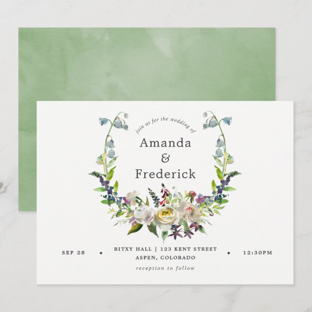 Convites Casamento Floral em Aquarela Verde e Branco (Frente/Verso)