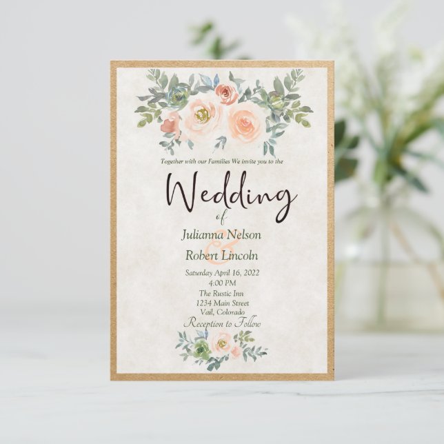 Convites Casamento floral em aquarela verde e com tons rosa (Em pé/Frente)