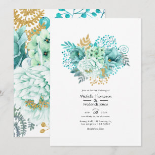 Convites Casamento Floral em Aquarela Verde Menta e Dourado