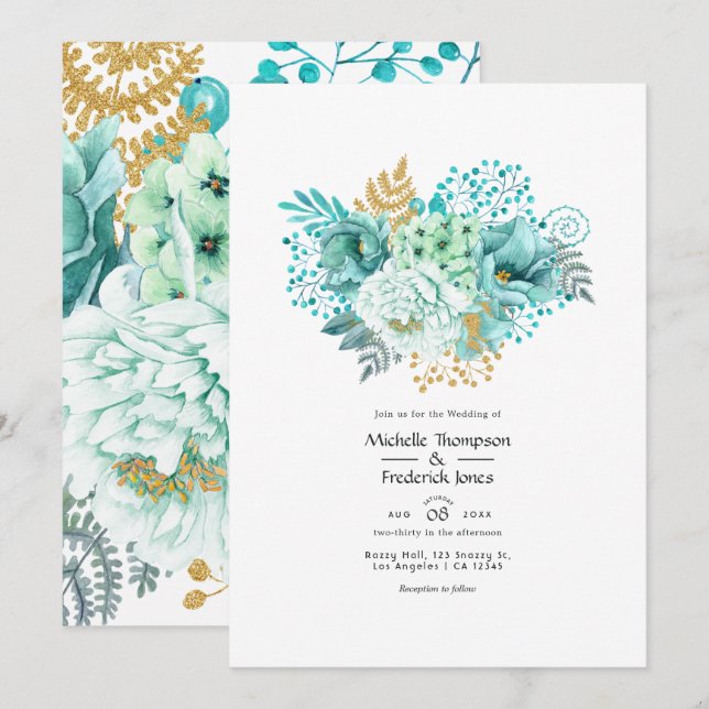 Convites Casamento Floral em Aquarela Verde Menta e Dourado (Frente/Verso)