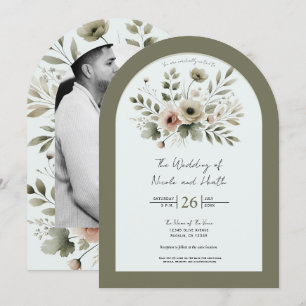 Convites Casamento Floral em Aquarela Verde Oliva Caqui