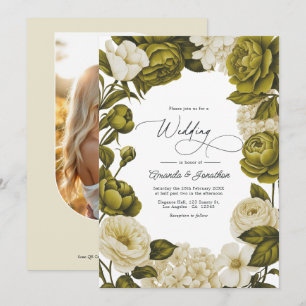 Convites Casamento Floral em Aquarela Verde Oliva e Creme