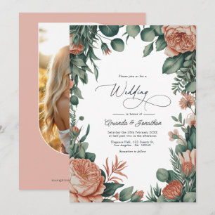 Convites Casamento Floral em Aquarela Verde Salvia e Pêsseg