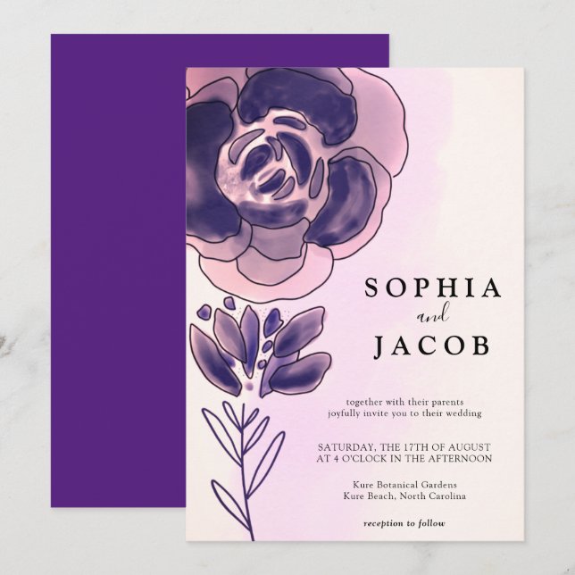 Convites Casamento Floral em Aquarela Violeta Rosa Dourado (Frente/Verso)