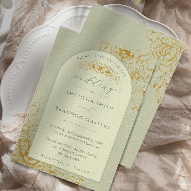 Convites Casamento Floral em Arco Boho Rústico Verde Sálvia (An elegant boho sage green wedding invitation with an arch and gold flower outlines)