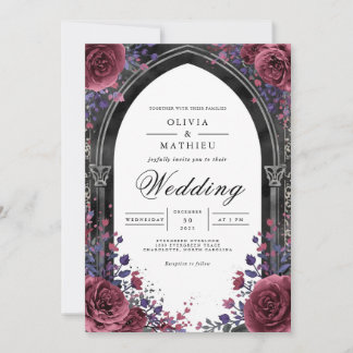 Convites Casamento Floral em Arco de Ameixa Gótica