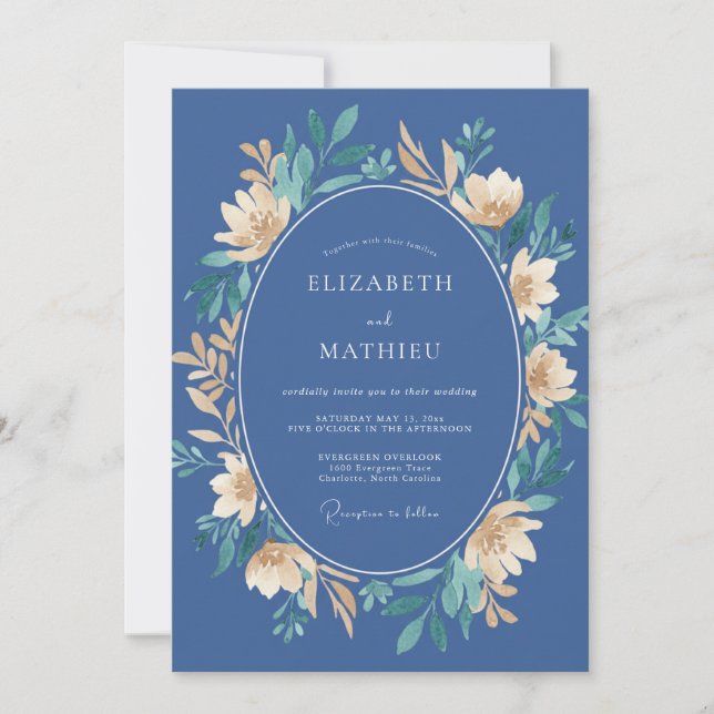 Convites Casamento Floral em Azul Aço e Dourado Pálido (Frente)