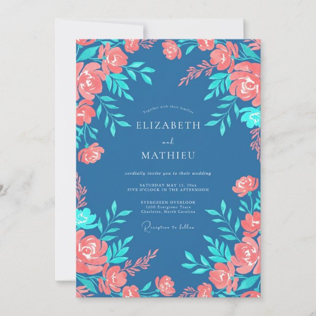 Convites Casamento Floral em Azul Aço e Pêssego (Frente)