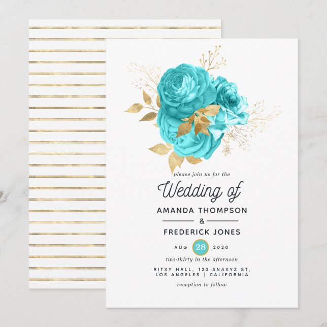 Convites Casamento Floral em Azul Água e Dourado (Frente/Verso)