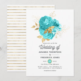 Convites Casamento Floral em Azul Água e Dourado