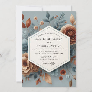 Convites Casamento Floral em Azul Ardósia e Cobre