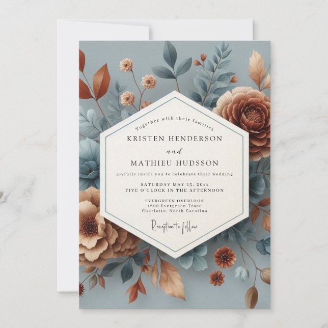 Convites Casamento Floral em Azul Ardósia e Cobre (Frente)