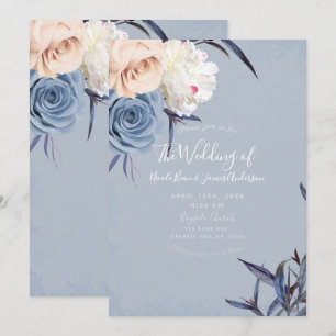 Convites Casamento Floral em Azul Cinza Empoeirado e Pêsseg